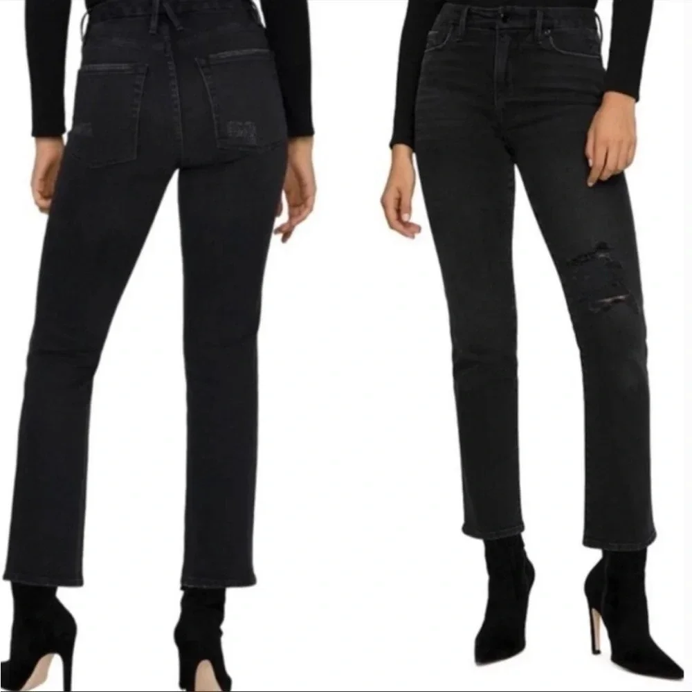 Good American Classic Black Straight Leg Jeans Denim High Waist Ripped Size 4/27